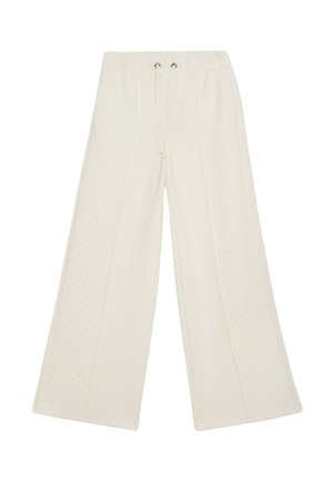 Wijdvallende broek van crèmekleurige stof met subtiele textuurvlekken, voorzien van een elastische tailleband en trekkoorddetail. Soepele, lichte stof.