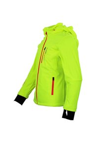 Veste softshell jaune vif avec fermetures éclair rouges, capuche et poignets noirs. Elle dispose de deux poches zippées pour le rangement.