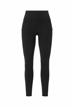 Black leggings with a high waistband, featuring side pockets, smooth texture, and a fitted design extending to the ankles.