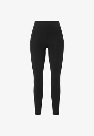 Black leggings with a high waistband, featuring side pockets, smooth texture, and a fitted design extending to the ankles.