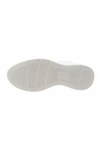 Semelle de sneaker blanche avec un motif chevrons, dotée de bords lisses et de sections distinctes. Conçue en matériau en caoutchouc durable.