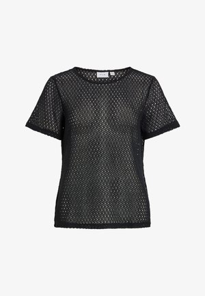 Crna majica kratkih rukava s labavim, otvorenim uzorkom. Okrugli izrez s teksturiranim završetkom oko rubova. Prozračan materijal.