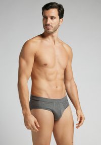 Grijze katoenen slip met een brede tailleband. Heeft een gladde textuur en een aansluitend ontwerp. Geen zichtbare patronen of logo's. Model staat zijwaarts.