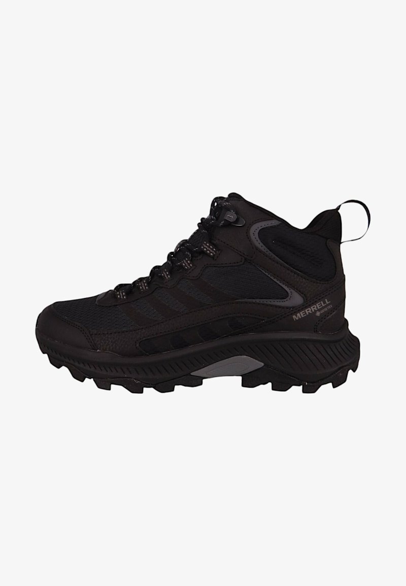 Black hiking boots with mesh and synthetic upper, padded collar, pull tab, and deep lugs on the sole for traction. Features logo accents.