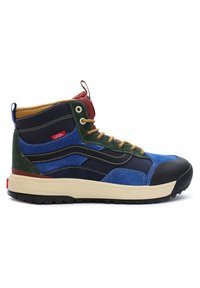 Zapatillas altas que presentan una combinación de materiales de ante y lona en azul, verde, rojo y negro. Suela de goma gruesa con agarre texturizado.