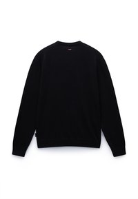 Zwarte sweatshirt met lange mouwen en ronde hals, met een gladde textuur en geribbelde manchetten. Achteraan is een schone, minimalistische uitstraling te zien.