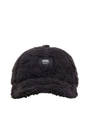 Czarna, puszysta czapka bejsbolowa z zakrzywionym daszkiem i naszywką z logo Vans na środku przedniej części.
