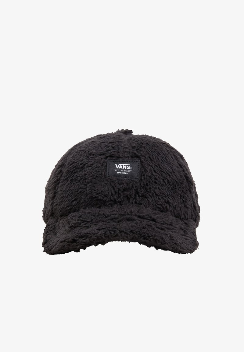 Casquette de baseball noire en peluche avec une visière incurvée et un patch logo Vans au centre avant.