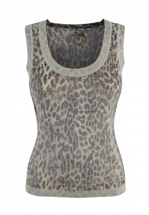 Top de punto sin mangas con escote redondo, que presenta un suave estampado de leopardo en gris y beige y un ribete acanalado en el cuello y el dobladillo.