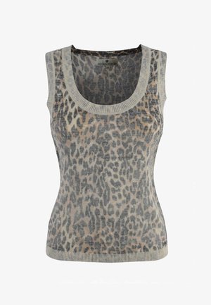 Mouwloze gebreide top met ronde hals, voorzien van een zacht grijs-beige luipaardprintpatroon en geribbelde afwerking bij de hals en zoom.