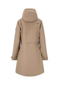 Beige lange regenjas met een capuchon, lange mouwen, knoopsluitingen aan de manchetten en een geventileerd achterpaneel.