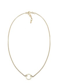 Collier délicat en chaîne d'or avec un petit pendentif circulaire ouvert et un fermoir mousqueton avec des maillons réglables.