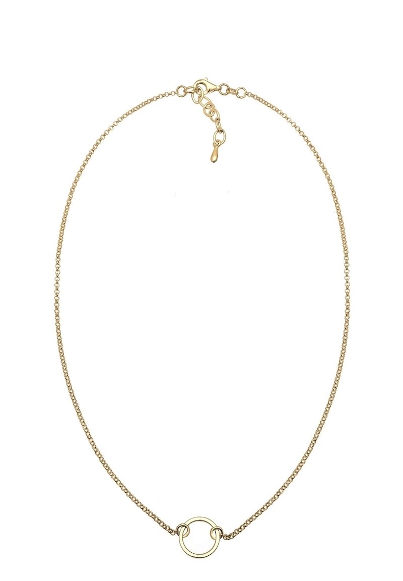 Collier délicat en chaîne d'or avec un petit pendentif circulaire ouvert et un fermoir mousqueton avec des maillons réglables.