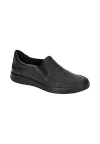 Black slip-on shoes made of textured leather, featuring a low profile, padded collar, and a rubber sole with a patterned tread.