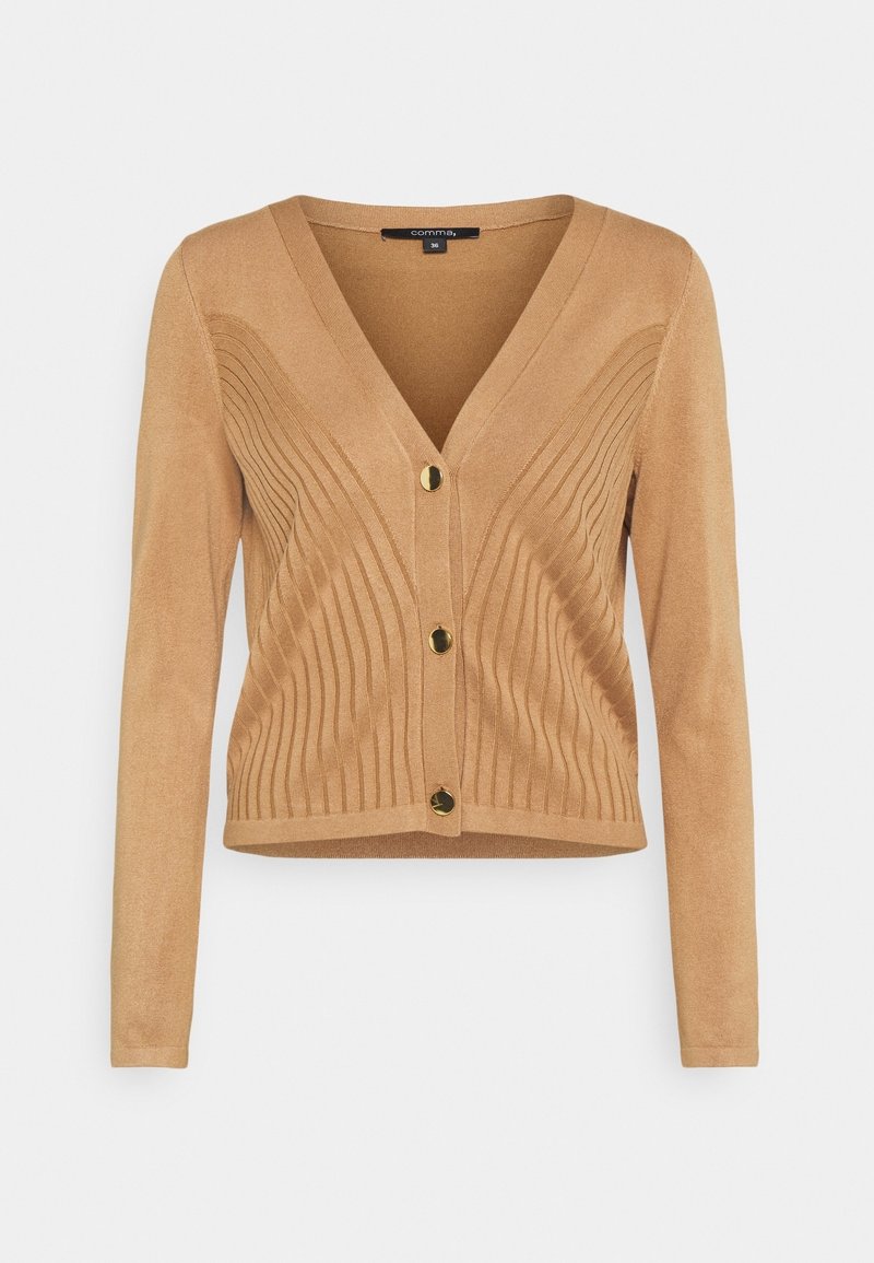 Cardigan beige en maille avec une texture côtelée, col en V et boutons dorés. Présente des lignes horizontales sur le devant et des manches longues.