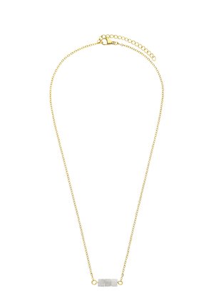 Gold chain necklace with three small white cube beads centered on the chain and a lobster clasp closure with adjustable links.