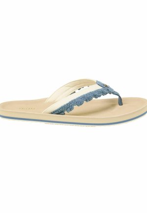 Light sand-colored flip-flop with blue woven strap. Features flat sole, decorative stitching, and minimalistic design. Ideal for casual wear.