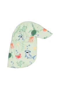 Kinderhut aus hellgrünem Stoff mit bunten Meeresbewohnern wie Haien, Schildkröten und Krabben, mit einer breiten Krempe zum Sonnenschutz.