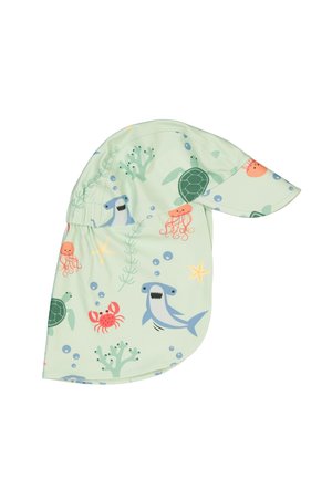 Children's hat in light green fabric featuring colorful sea creatures like sharks, turtles, and crabs, with a wide brim for sun protection.