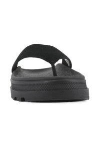 Black flip-flop sandal featuring a soft fabric strap and rubber sole with textured insole. Lightweight construction with a rounded shape.