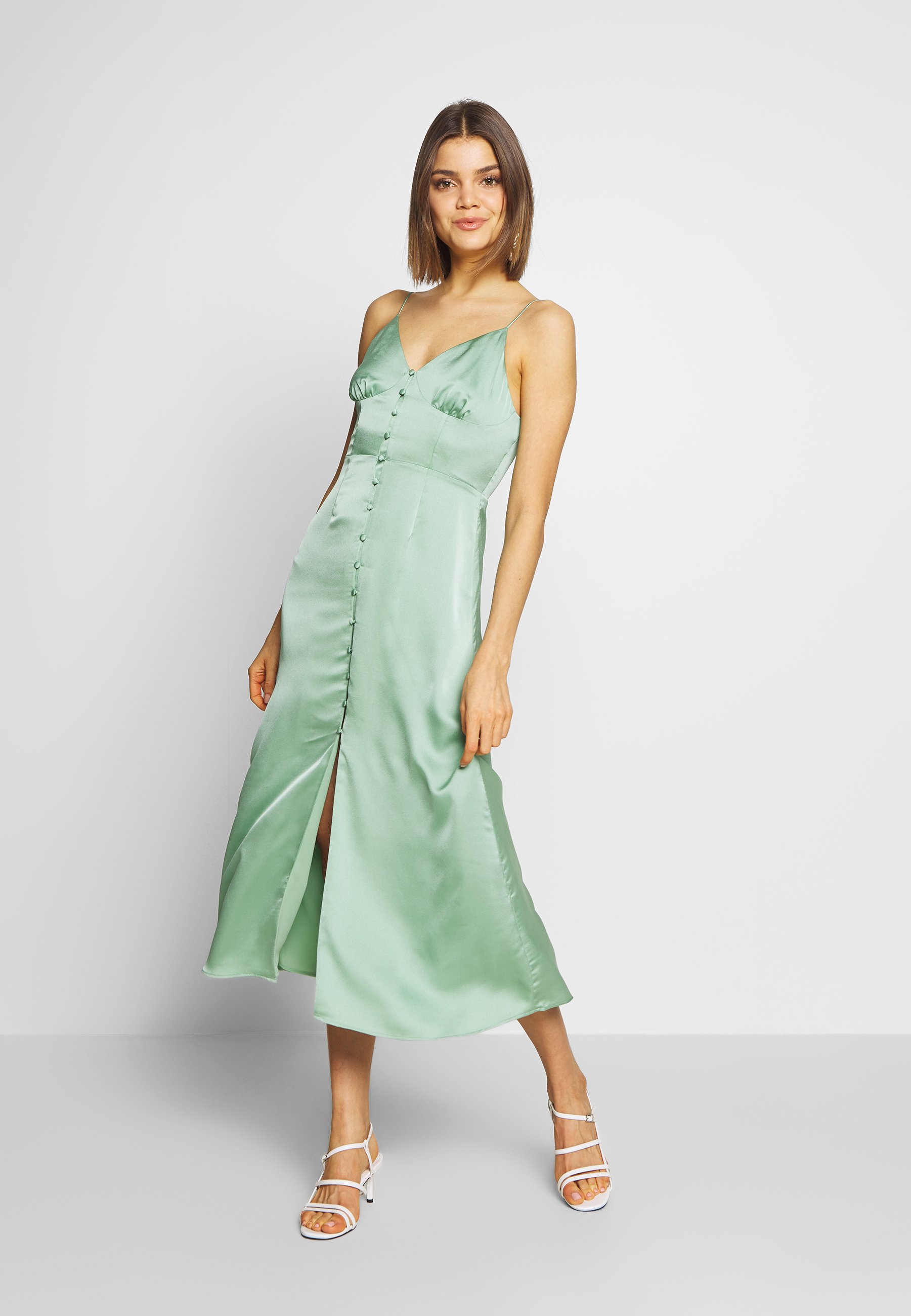Glamorous Satin Button Front Midi Dress Freizeitkleid Sage Green Grun Zalando De 