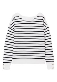 Suéter a rayas con un diseño de hombro descubierto en blanco y negro. Presenta mangas largas, puños acanalados con acentos de botones y una textura suave.