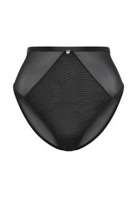 Svarta högmidjade trosor i genomskinlig meshtyg med ett subtilt randigt mönster, med en slät midja och en liten metallisk detalj.