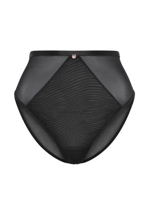 Sort højtsiddende underbukser lavet af gennemsigtig mesh-stof med et subtilt stribet mønster, der har en glat talje og en lille metallisk detalje.