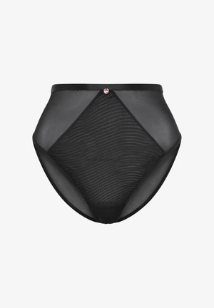 Zwarte hoog-gewicht briefs van transparant mesh materiaal met een subtiel gestreept patroon, voorzien van een gladde tailleband en een kleine metalen accent.