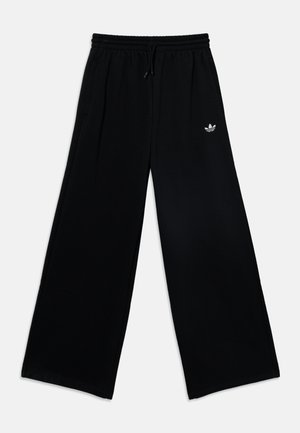 Sorte vidde sweatpants med elastisk talje, snor, sidelommer og lille hvid Adidas-logo på venstre lår.