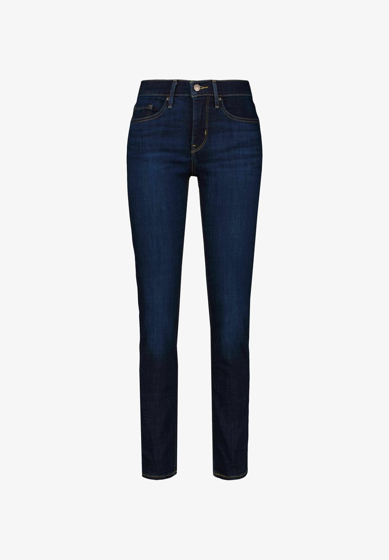 Jean slim en denim bleu foncé avec fermeture par bouton et zip, poches avant et arrière, et coutures visibles.