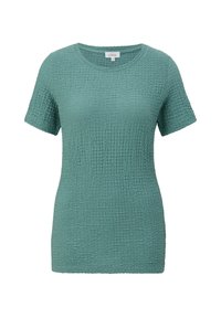 Teal korte mouwen top van textuurstof met een gekreukt patroon, voorzien van een ronde halslijn en een ontspannen pasvorm.