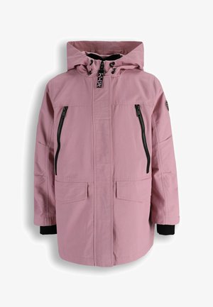 Różowa zimowa kurtka z kapturem, czarne zamki błyskawiczne w kieszeniach, regulowane sznurki kaptura oraz naszywka na lewym rękawie.