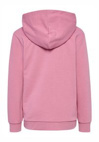 Rosa huvtröja i ett strukturerat, mjukt material. Har en huva, långa ärmar samt ribbade mudd och fåll. Bakifrån visad.