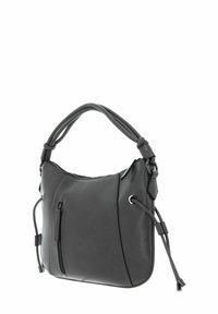 Sac à main synthétique noir avec une poignée courbée, une fermeture éclair sur le dessus et une poche latérale. Présente des accents décoratifs à cordon et une texture lisse.