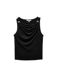 Top negro sin mangas con escote drapeado, fabricado en tejido suave y con detalles de acento dorado en los hombros, que proporciona una silueta suave y relajada.