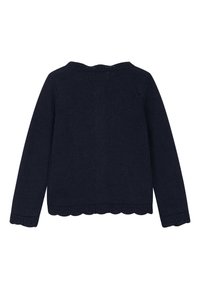 Navyblauer Strickcardigan mit gewelltem Saum und strukturiertem Stoff, langen Ärmeln und rundem Ausschnitt. Rückansicht dargestellt.