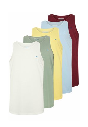 Herre ærmeløse tanktops med rund hals i hvid, grøn, gul, lyseblå og burgunder, arrangeret overlappende på en hvid baggrund.