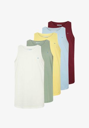 Camisetas de tirantes sin mangas para hombre con cuello redondo en blanco, verde, amarillo, azul claro y burdeos, dispuestas superpuestas sobre un fondo blanco.