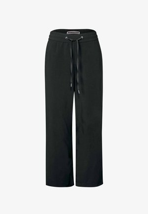 Schwarze Jogger-Hosen aus weichem Stoff, mit einem elastischen Bund und Bindegurten, sowie geraden, lockeren Beinen.