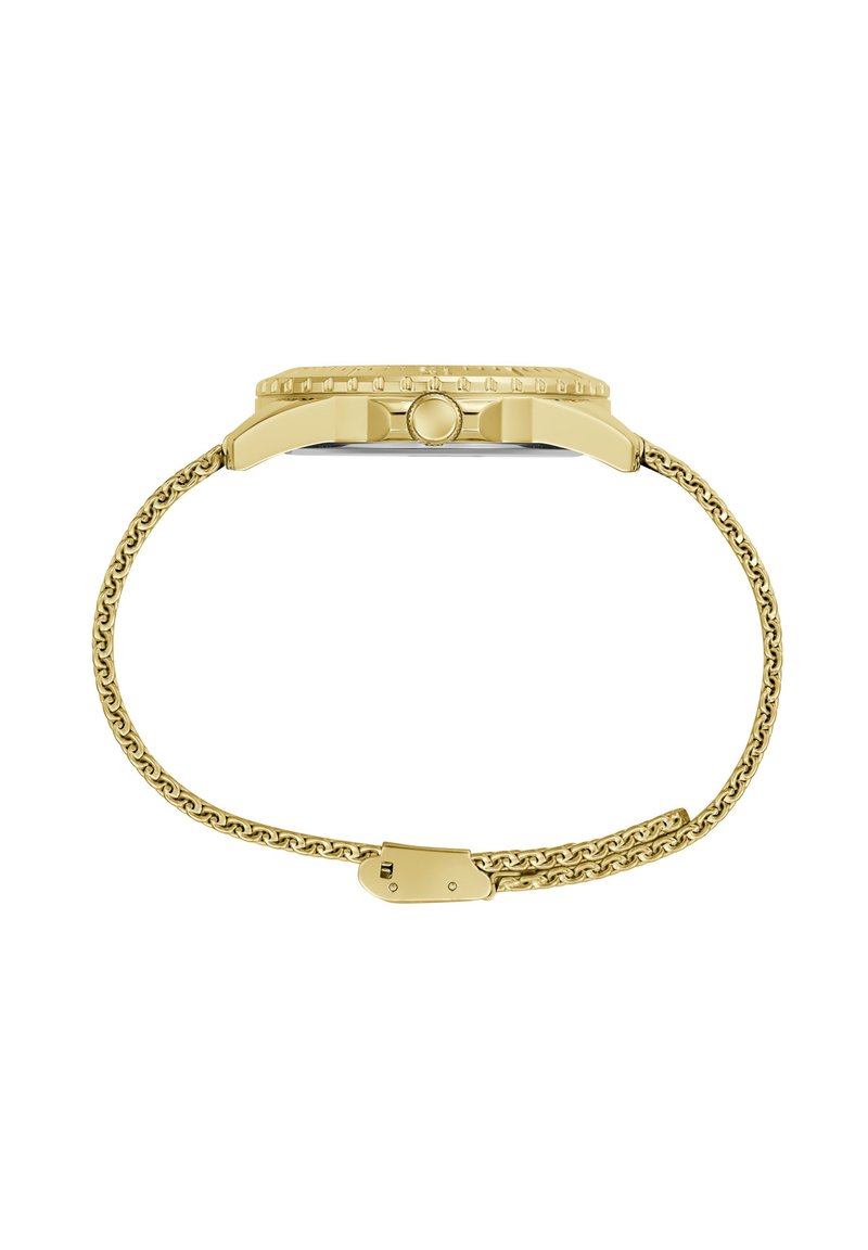 Orologio d'oro con una lunetta testurizzata, cassa rotonda e bracciale a catena collegata. Presenta una chiusura standard e una finitura liscia e lucida.