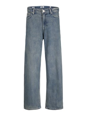 Blå denimjeans med rette ben, foran knapp- og glidelåslukking, beltehemper og lommer foran og bak.