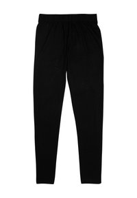 Leggings neri realizzati in morbido tessuto con vita elastica, caratterizzati da una superficie liscia e un design aderente. Nessun motivo o accento visibile.