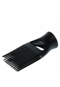 Schwarzer Kamm mit breiten Zähnen, ergonomischem Griff und großen Öffnungen für einen sicheren Halt. Hergestellt aus glattem Kunststoff mit gleichmäßig verteilten, langen Zähnen.