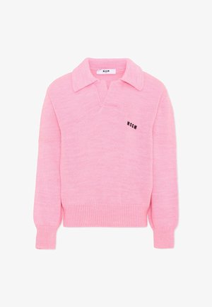 Różowy, długorękawowy sweter dziany z kołnierzem, ściągaczami na rękawach i u dołu oraz czarne logo MSGM na lewej piersi.