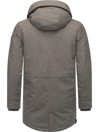 Gray, textured parka jacket with a hood, long sleeves, and elastic cuffs. Features a straight cut and subtle seam detailing.