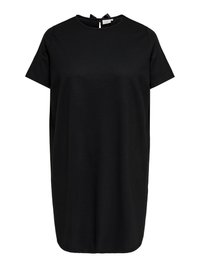 Black t-shirt dress made from soft fabric, featuring a round neckline, short sleeves, and a back tie detail. Simple and straight cut.
