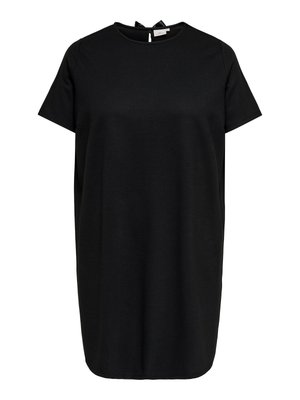 Black t-shirt dress made from soft fabric, featuring a round neckline, short sleeves, and a back tie detail. Simple and straight cut.