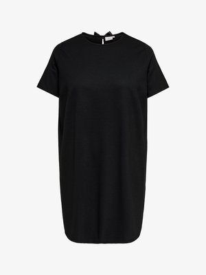 Black t-shirt dress made from soft fabric, featuring a round neckline, short sleeves, and a back tie detail. Simple and straight cut.