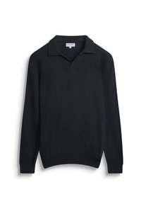 Crni pulover od mekanog materijala, s klasičnom polo kragnom i dugim rukavima sa rebrastim manžetama i rubom. Glatke teksture.